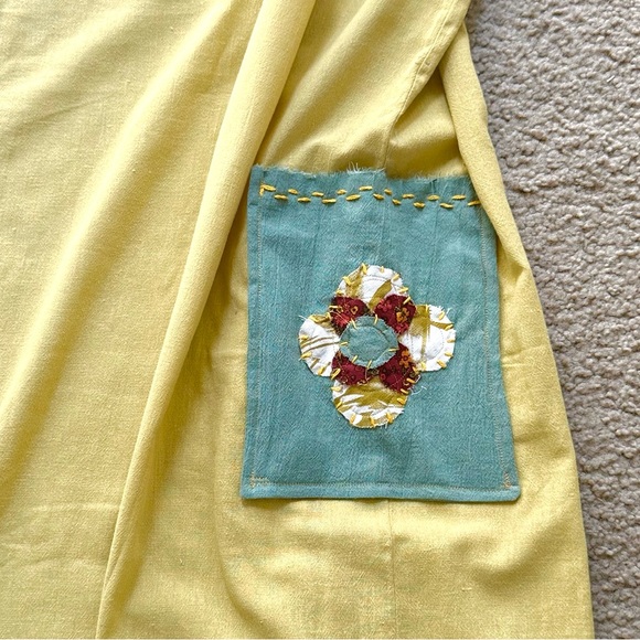 Boho Mustard Linen Jumpsuit S/M | Handmade Floral Patch Wide Leg Hippie Overall - Picture 11 of 15